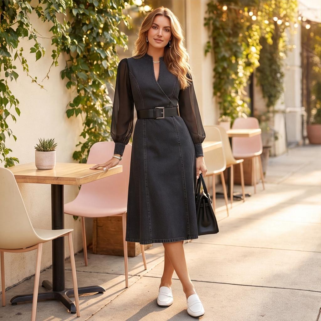 Abito Midi Casual da Donna alla Moda a Manica Lunga con Collo Alto, Vestibilità Aderente in Vita, con Cintura e Dettaglio Manica Trasparente