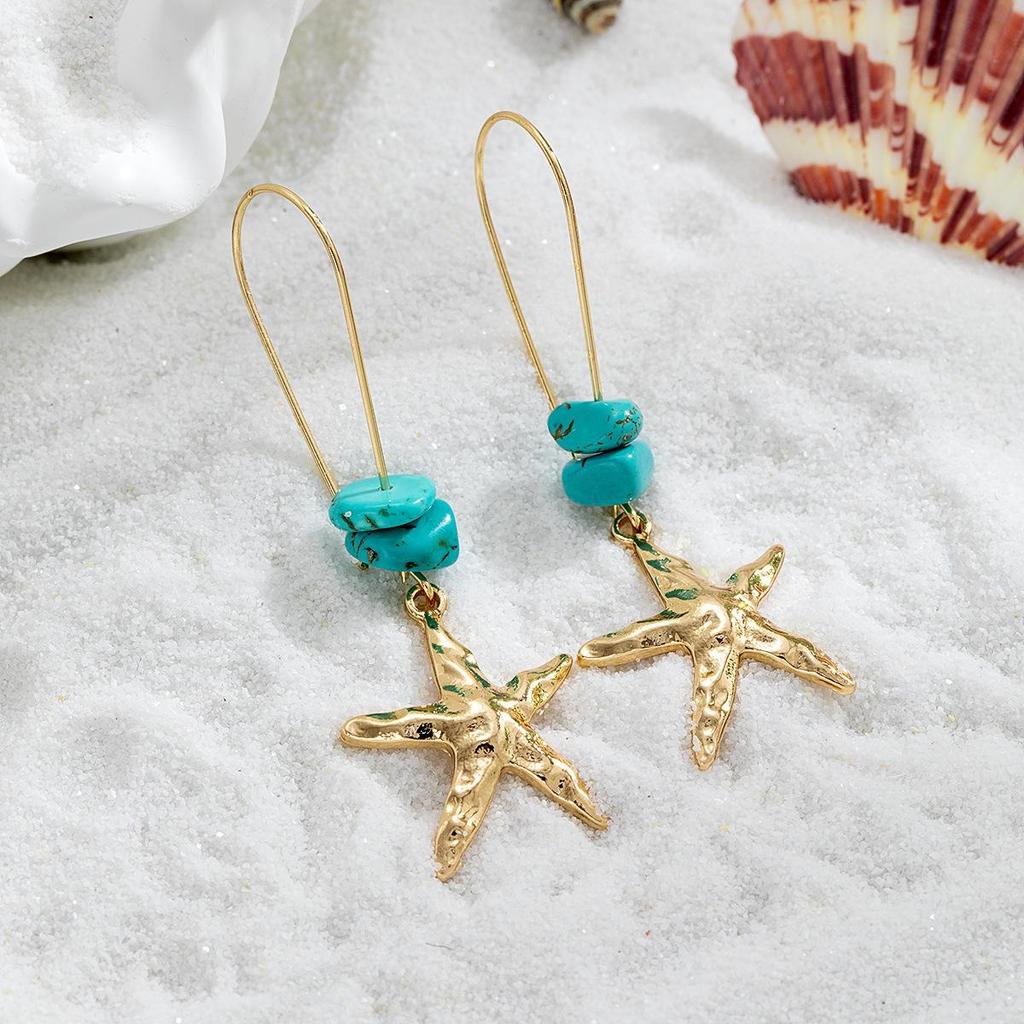 Turquoise Starfish Long Dangle Earrings for Women - Fresh Summer Beach Resort Style