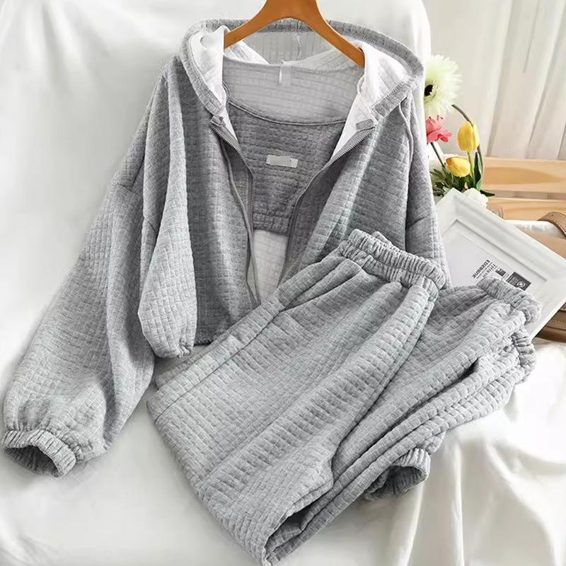 Women's 2024 Autumn/Winter Casual Waffle Hooded Cardigan & Wide-Leg Pants Three-Piece Set