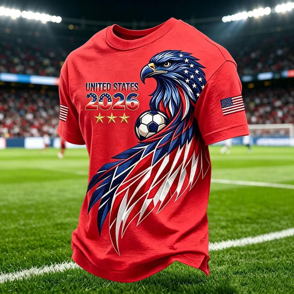 Men's Casual V Neck Breathable Short Sleeve Shirt Soccer Graphic Print Lightweight Comfortable Fit USA Theme