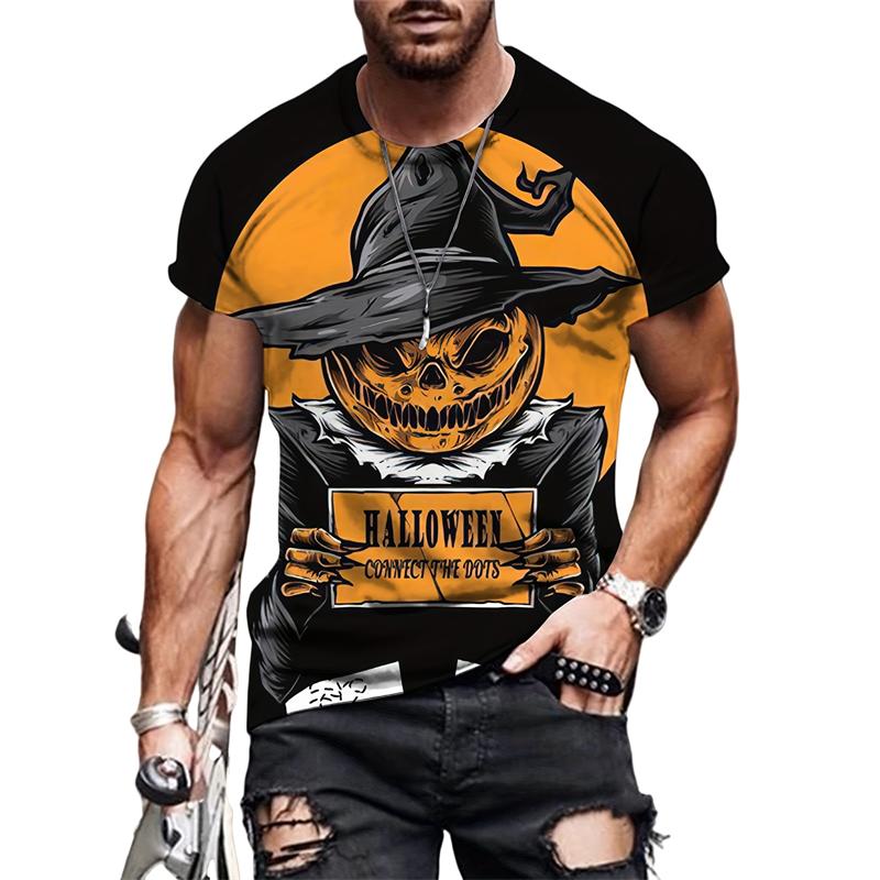 Trendy Skull Pumpkin Pattern Halloween T Shirts For Men Fashion Holiday Wear 3D Printed Crew Neck T-shirts Casual Loose Tees