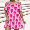 Women Plus Size Cold Shoulder Chain Straps Short Sleeve Smiley Face Printed Pink Loose Dress