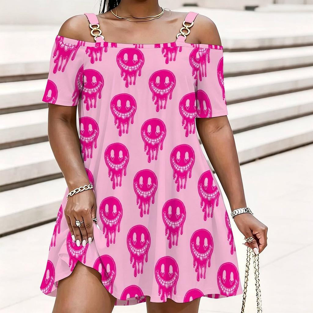 Women Plus Size Cold Shoulder Chain Straps Short Sleeve Smiley Face Printed Pink Loose Dress