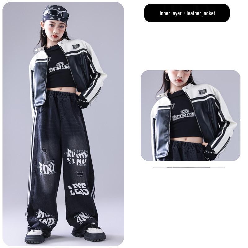 Neujahr Kinder Hip Hop Tanz Outfit - Amerikanische Trendige Lederjacke & Performance Set