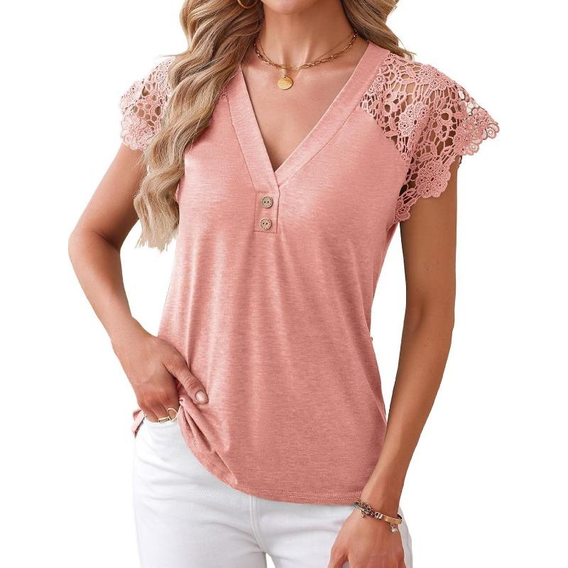 Women S Loose V Neck Short Sleeve Lace Trim Casual Top