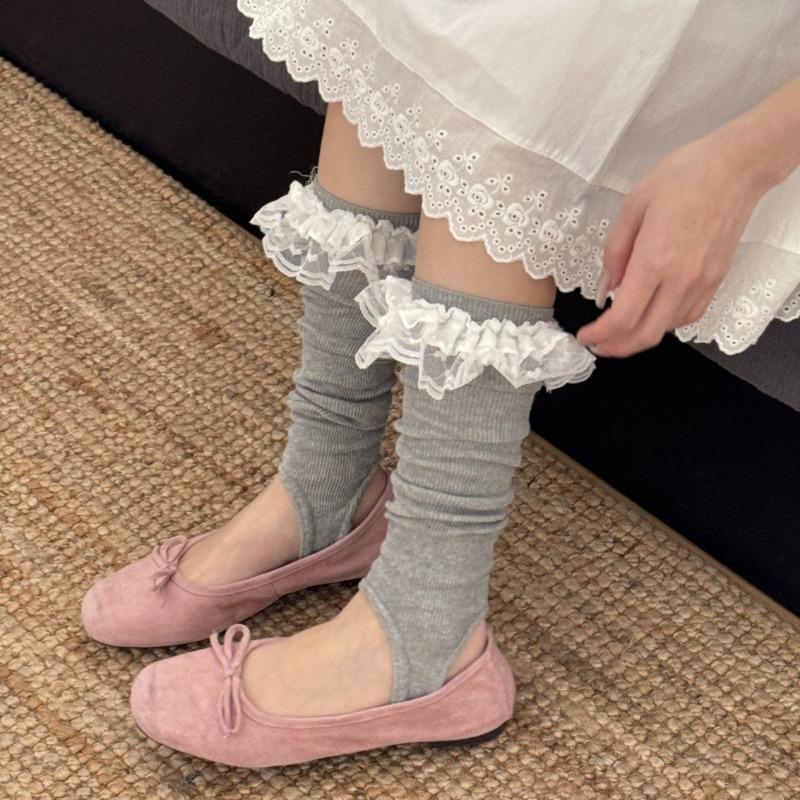 Foot Treading Pile Socks Summer Lace Edge Solid Color Boneless Socks Mid-calf Socks for Women