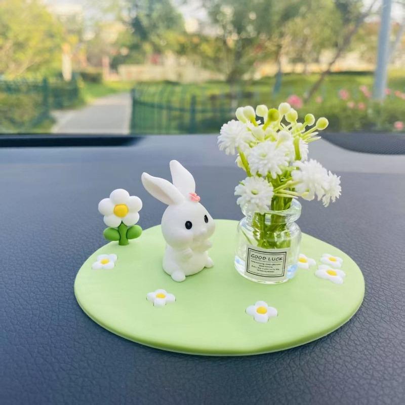 Decorative Accessory  Adorable Rubber Rabbit & Cat Car Decor, Mini Vase With Cute Animal Figurine, Suitable For Car Interior Decoration