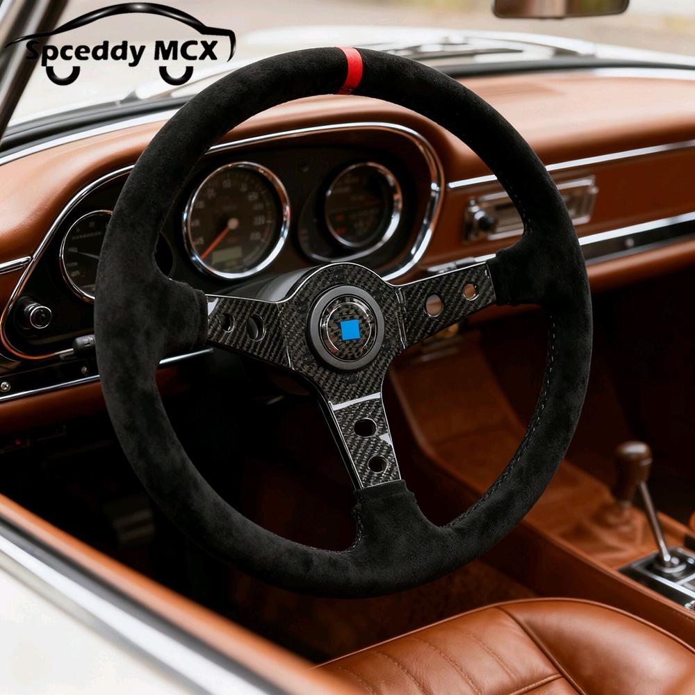 Drift Racing Steering Wheel 14inch 350mm Carbon Fiber Suede Leather Steering Wheels Deep Dish Red Black Yellow Ring