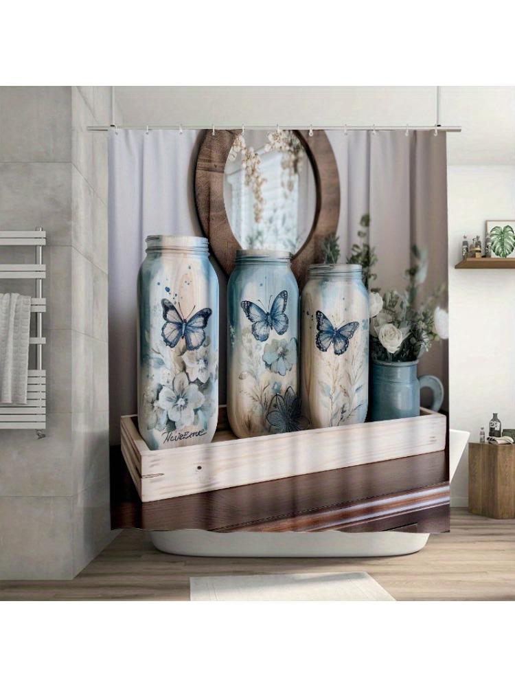 1PC Blue Butterfly & Floral Shower Curtain, Tranquil Blue & White Design, Durable Polyester, for Bathroom & Window Decor W90xH180cm
