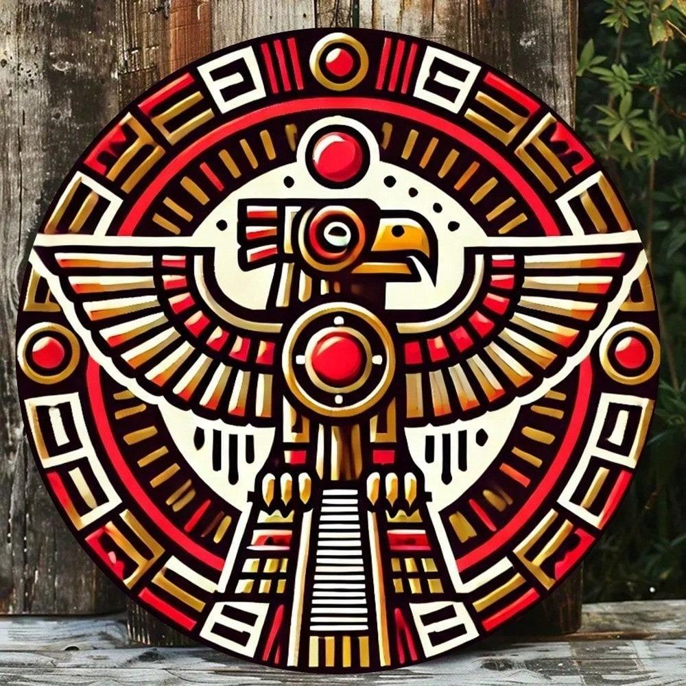 Vibrant Eagle Aztec Geometric Metal Wall Art, Round Aluminum Sign for Home Decor