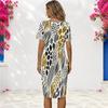 Women Plus Size Round Neck Short Sleeve Camo Printed Fitted Midi Dress