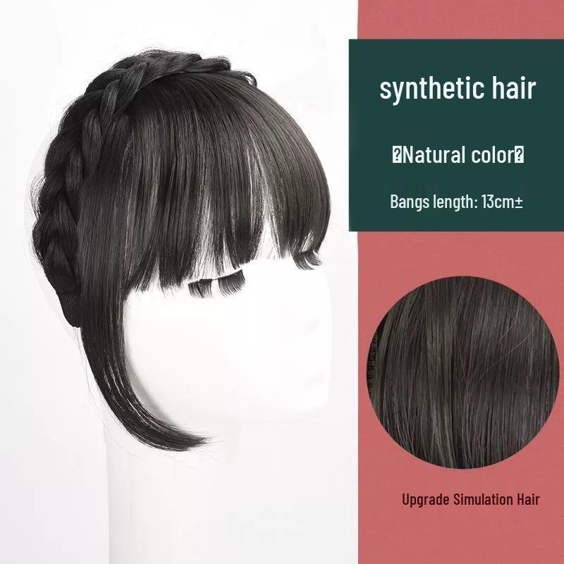 Women's Real Hair Wig with Braided Bangs, Seamless Front Hairline, Hairband To Conceal Top White Hair