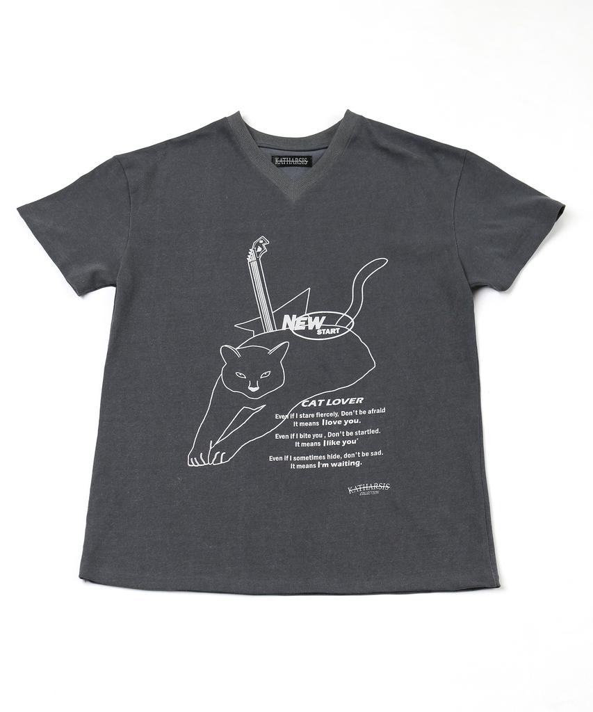 KATHARSIS Cat Lover V-Neck T-Shirt Charcoal One Size