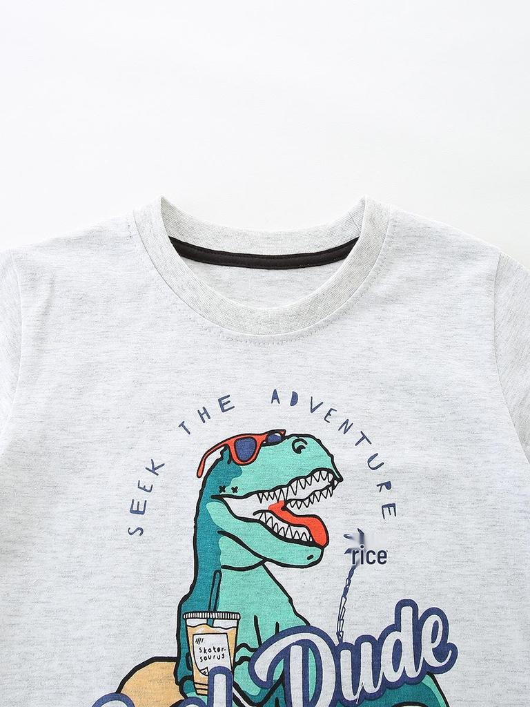 AostaBetty Boys' Summer Short Sleeve Dinosaur Print T-shirt - European & American Style, Round Neck