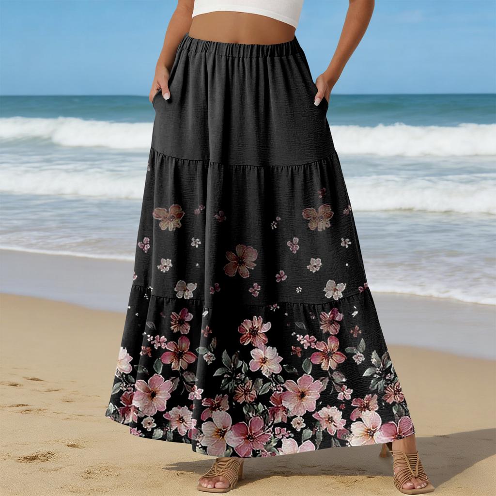 Women's Casual High Waist Drawstring A-line Skirt Color Skirt With Pockets