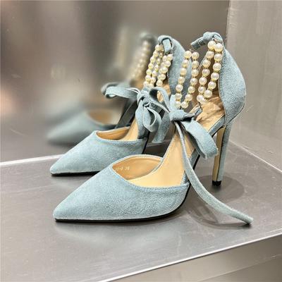 Sexy Thin High Heels Party Women 'S Pearls Beading Embellished Pumps Pointed Toe Modern Lady Ankle Strap Shoes