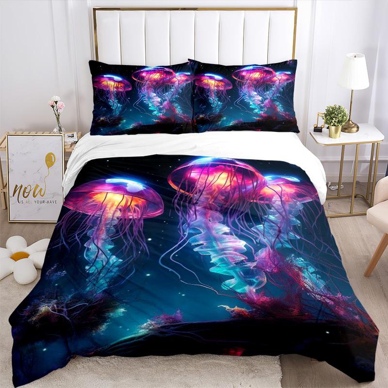 3pcs Colorful Jellyfish Bedding Set - Includes One Quilt Cover and Two Pillowcases (No Core) - Anime Cartoon Design for Bedroom Decorations.