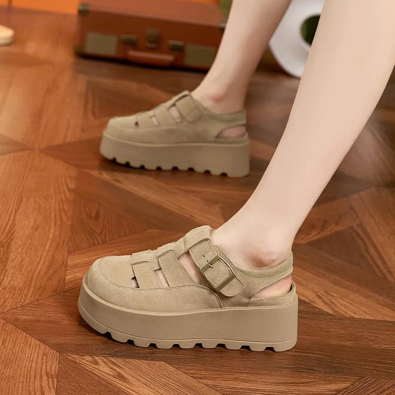 Mode 7CM Rinds Wildleder Hohe Marke Plateau Keilabsatz Ballerinas Sommer klobige Sneaker rutschfeste Sandalen Bequeme Peep Toe Modeschuhe Damen