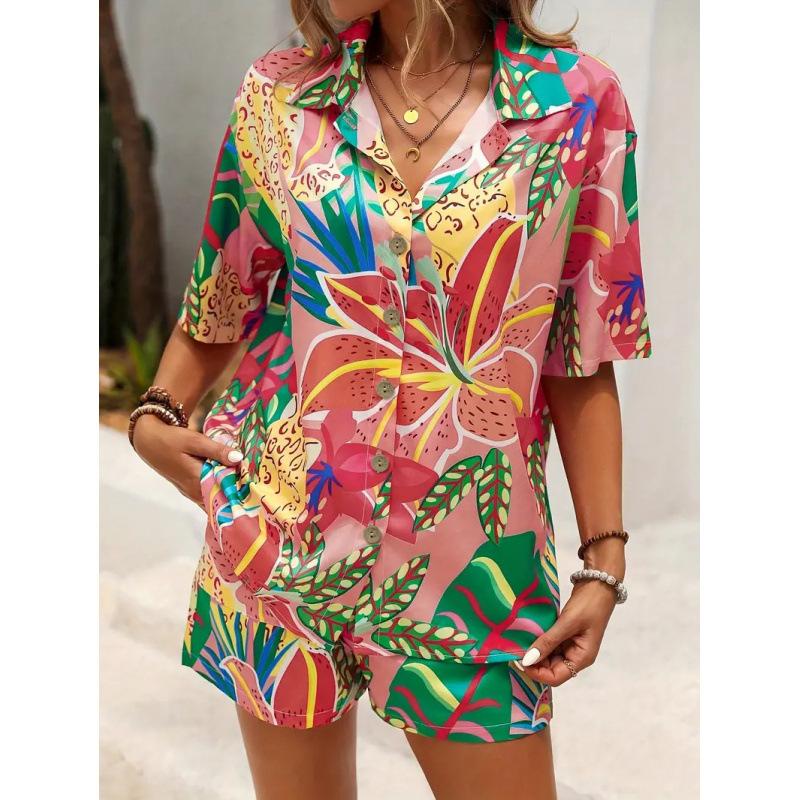 European and American new European women's Hawaiian style short-sleeved shirt and shorts set