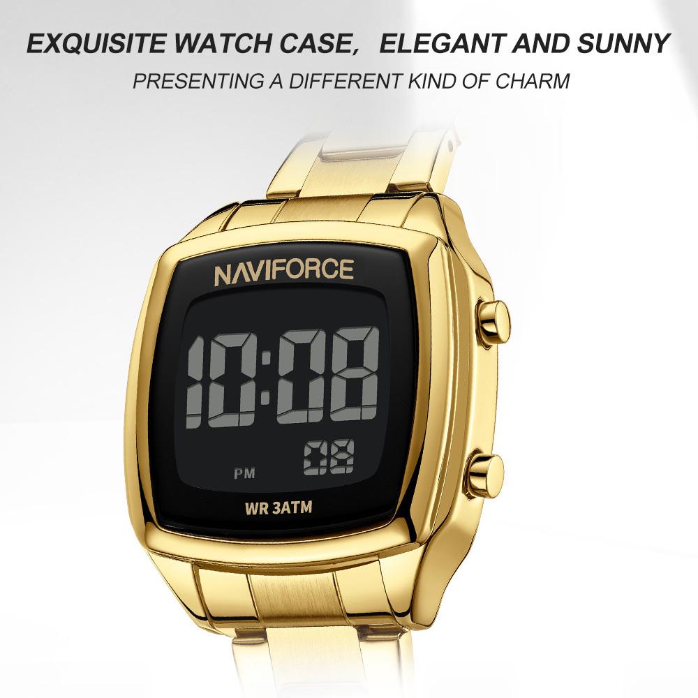 NAVIFORCE Women Digital Waterproof Watch Casual Sport Multifunction Stopwatch Gold Square Luminous Date Dial Stainless Steel Strap NF5047