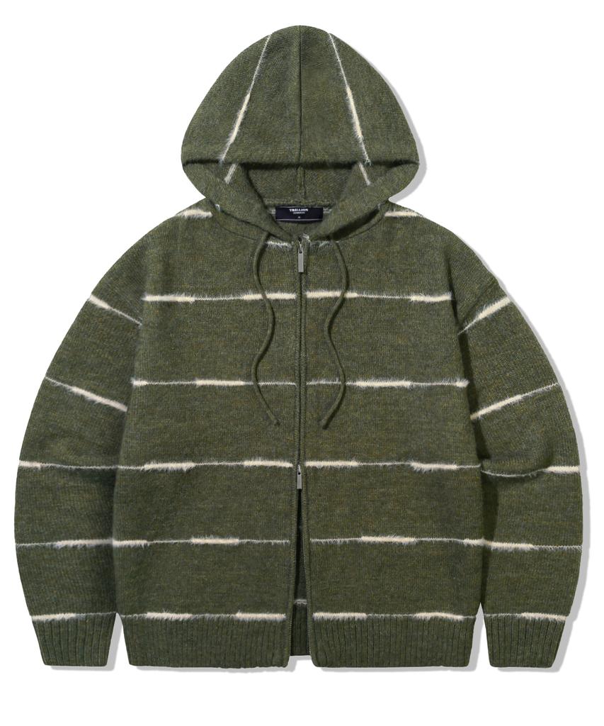 TRILLION Washable Wool Hairy Stripe Hooded Zip-Up Knit_Khaki