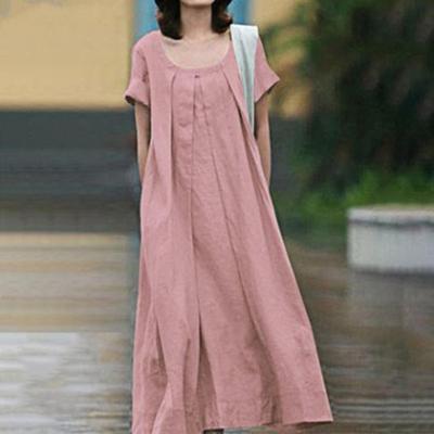 Women Summer Dress A-line Round Neck Short Sleeves Pure Color Big Swing Pleated Loose Soft Breathable Mid-calf Length Lady Midi Dress