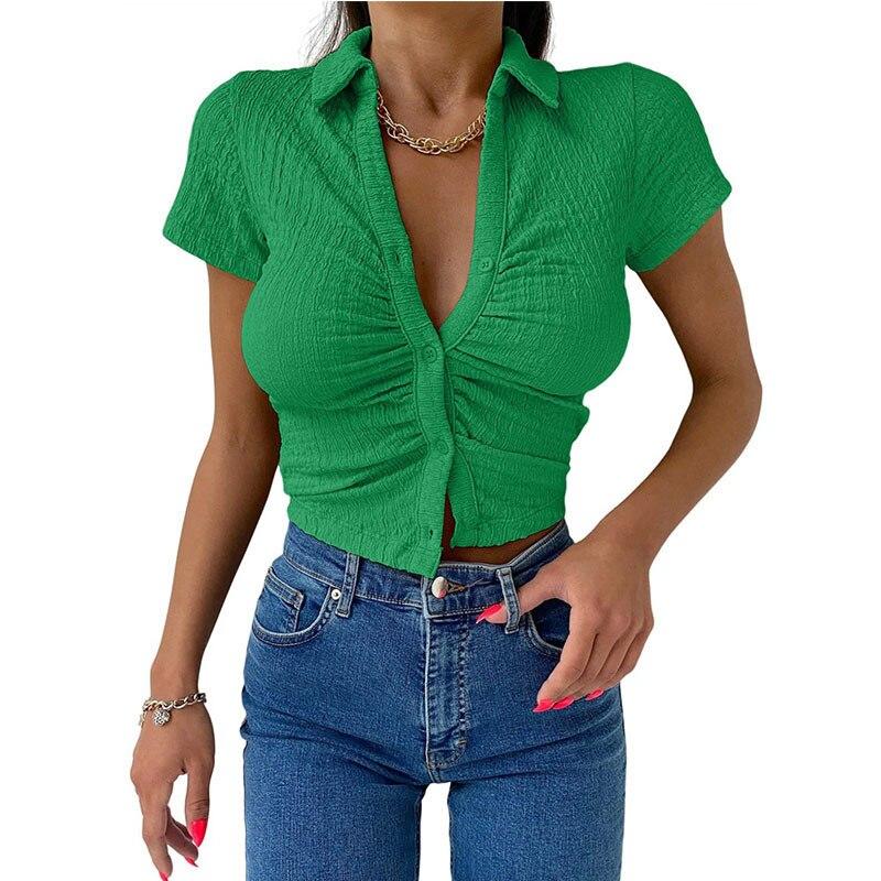 Knopf Kurzarm Slim T-Shirts 2023 Mode Sommer Sexy Crop Top Damen Y2k Streetwear T-Shirt Koreanisch Stilvoll Korsett Blusen 26330