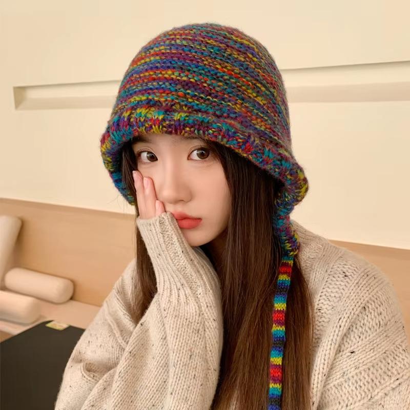 New Rainbow Striped Knitting Wool Beanie Hat Women Girl Winter Warm Crochet Ear Protection Cap Korean Ski Snow Windproof Bonnet