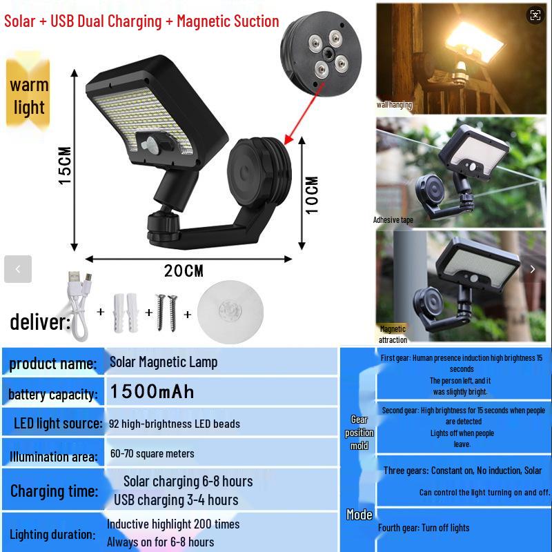 2026 Solar Outdoor Courtyard Light with Magnetic Wall Mount, Motion Sensor, and Super Bright LED for Balcony and Street Lighting