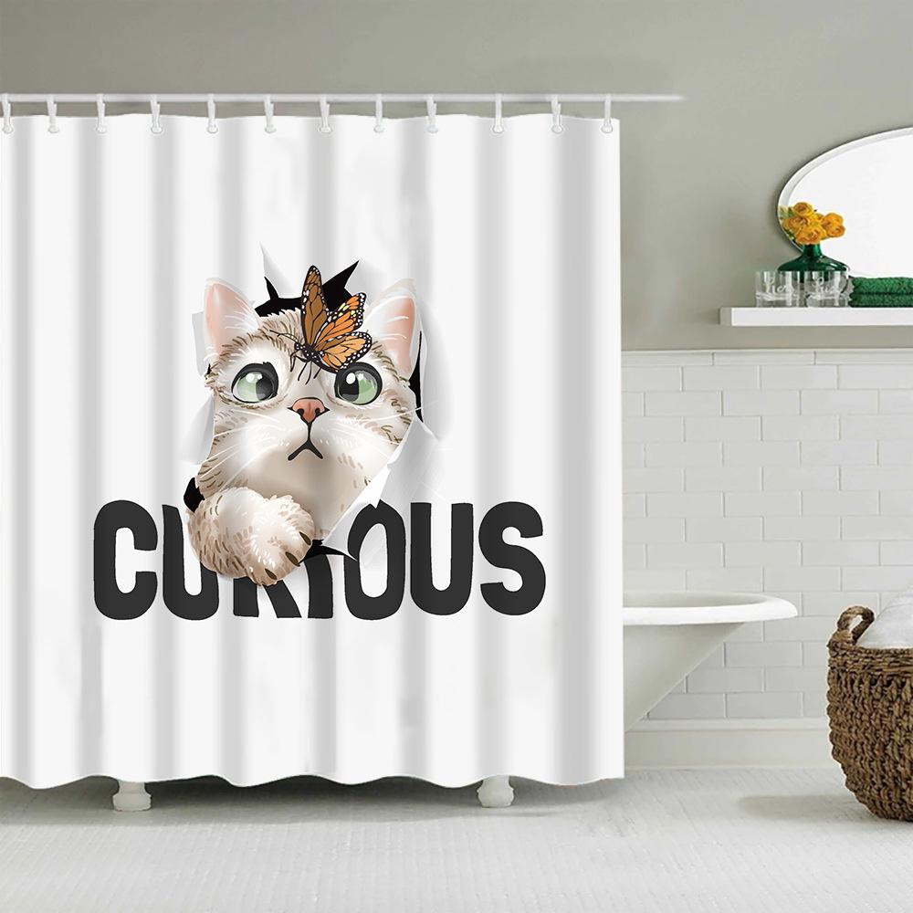 Puppy Cat Cute Cartoon Shower Curtains Washable Fabric Polyester For Bathtub Art Bathroom Decor Partition With Hooks Waterproof