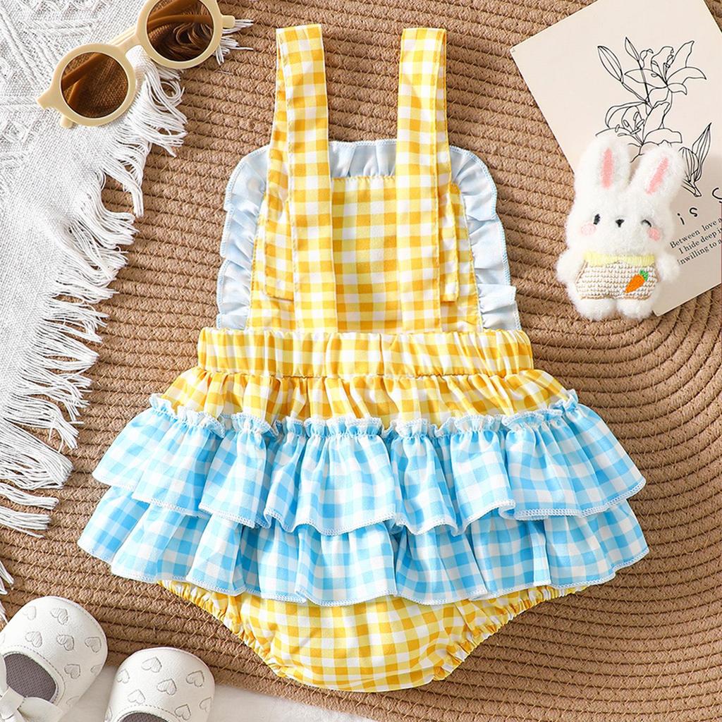 Baby Girl Cute Duck Patch Embroidered Plaid Romper - 1st Birthday Crawling Suit
