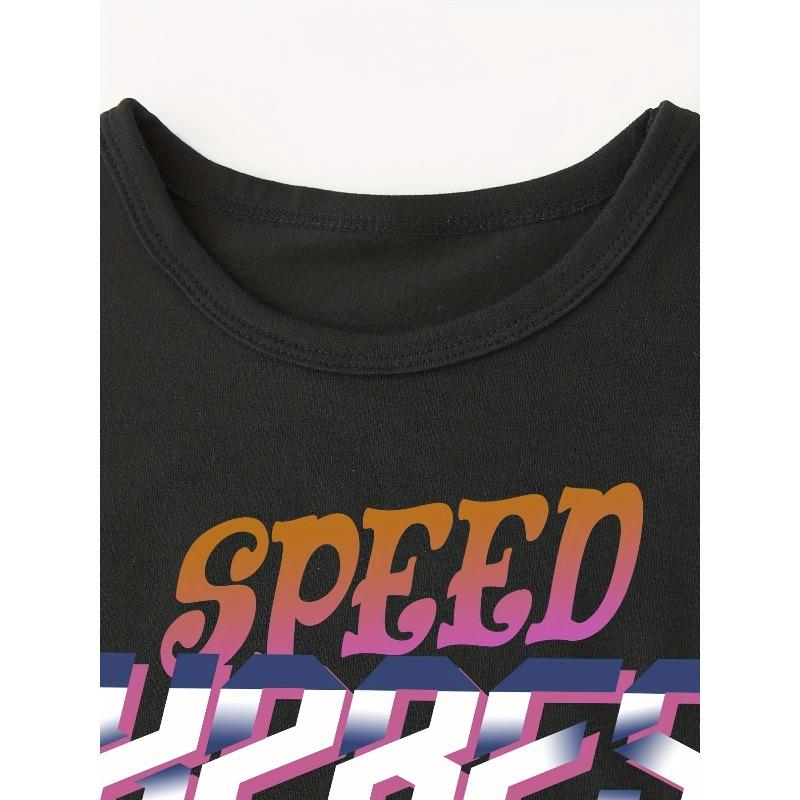 Children Crew Neck Short Sleeve T-Shirt with Racing Car & Letter Print