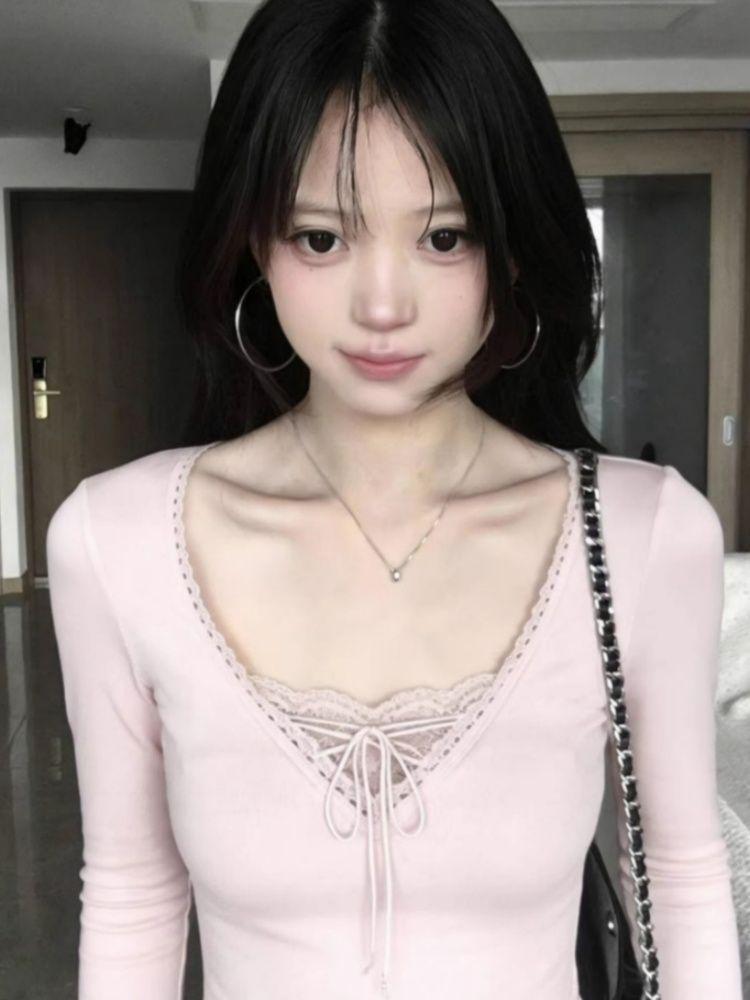 260g Cotton Modal V-Neck Two-Piece Style Slimming Lace Tie-Up Base Layer Top