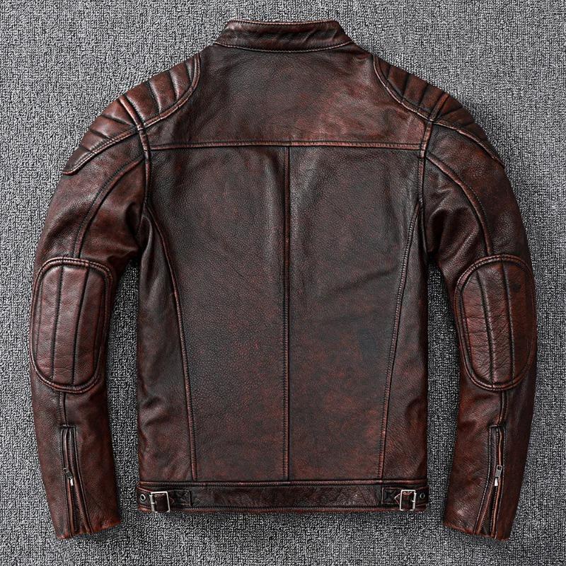 Chinese Size Vintage Yellow Brown Real Cowhide Genuine Leather Jacket Men Motorcycle Coat Mens Biker Clothes Spring Autumn Asian Size 6XL
