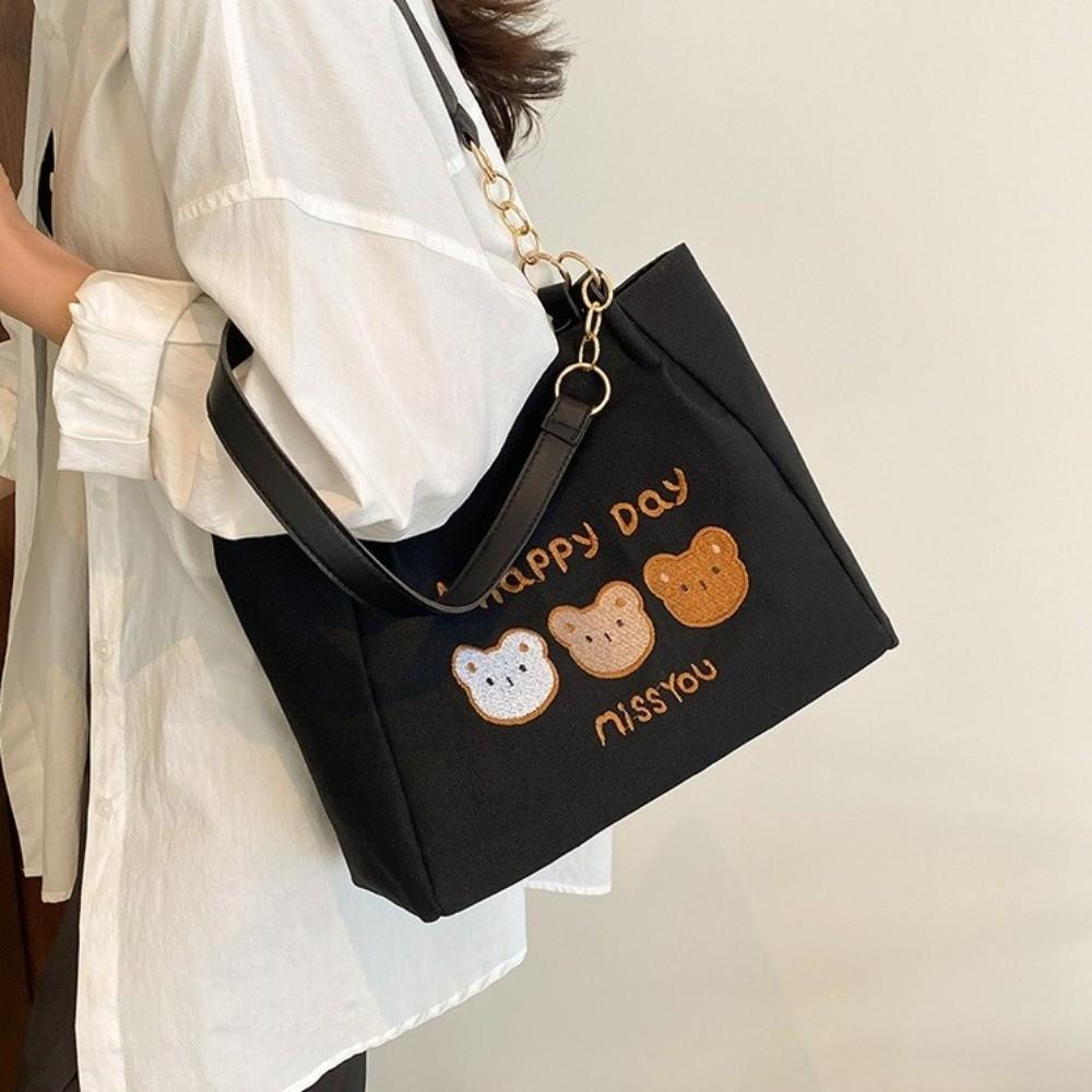 Printed Cartoon Tote Bag Korean Style Canvas Handbag Temperament Bear Shoulder Bag Office Worker