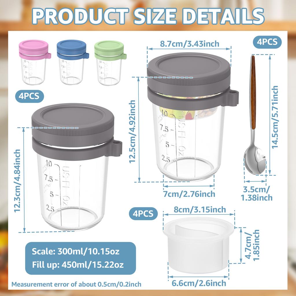 Overnight Oats Container with Lid and Spoon 450ML Airtight Oatmeal Container with Scale Portable Fruit Salad Food Storage Box