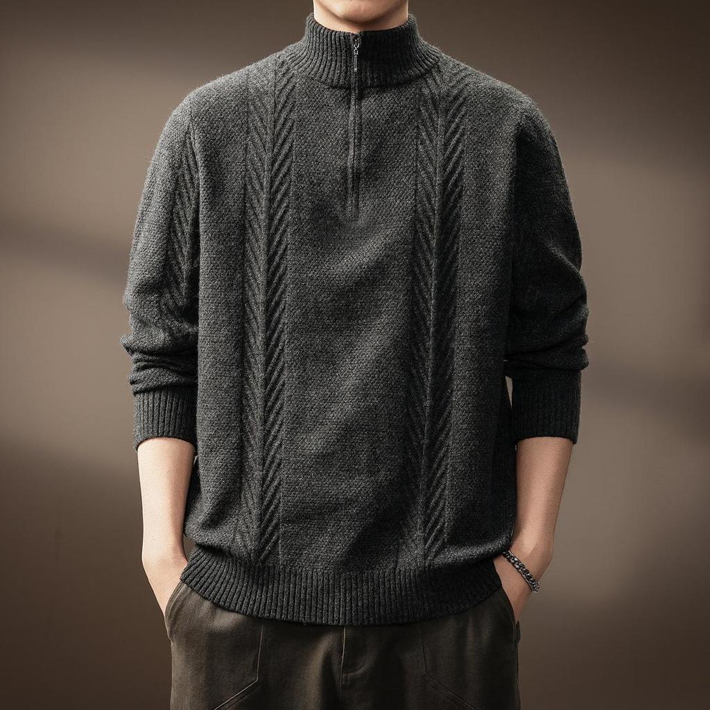 Men's High-End Half-Zip Stand Collar Sweater - Thickened Knit Jacket for Autumn/Winter