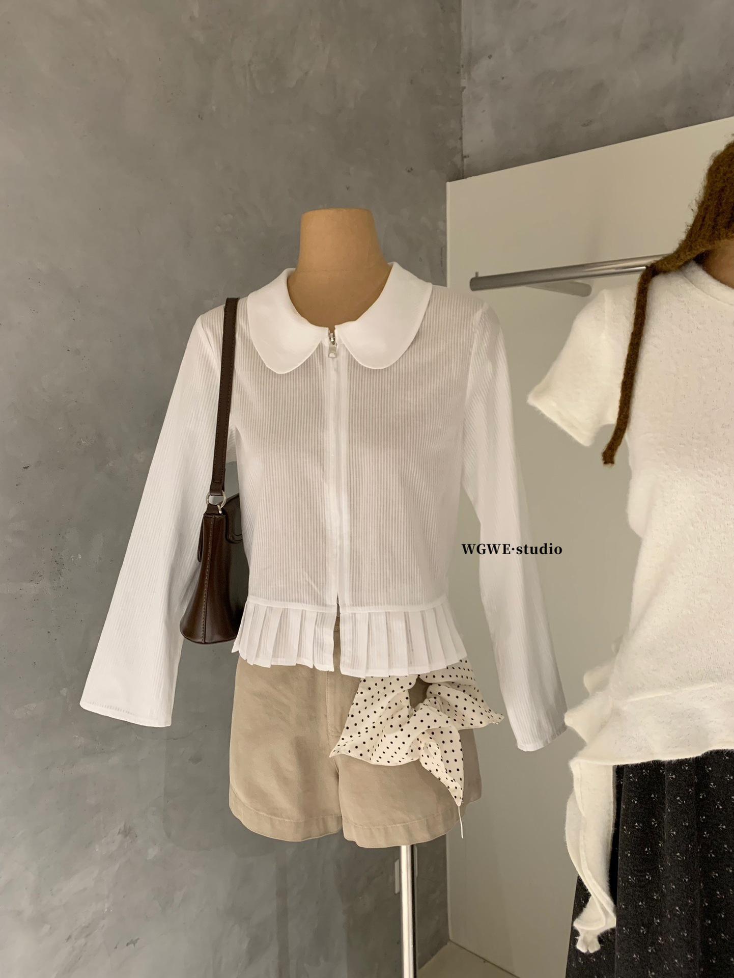 Women s Spring/Summer Doll Collar White Pleated Long-Sleeve Shirt WGWE8698 Small