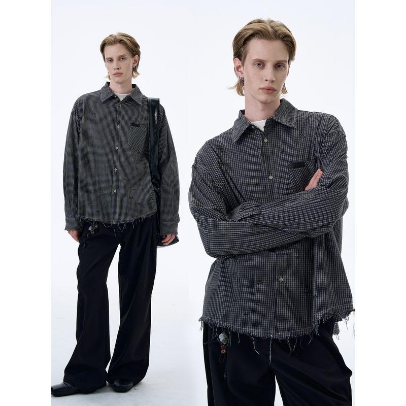 Kisko American Retro Classic Plaid Frayed Lazy Long-Sleeve Shirt Unisex Design Loose Shirt Jacket