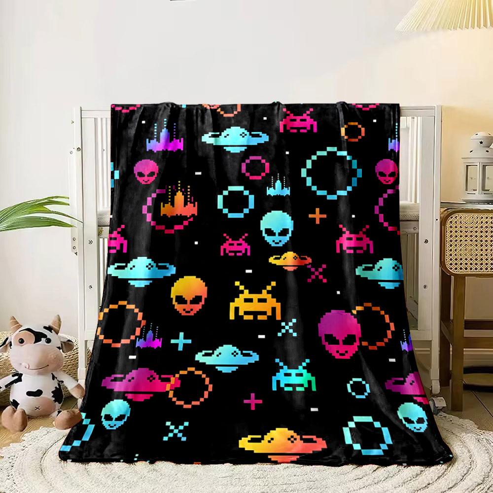 Colorful pixel art of aliens, UFOs, and space-themed symbols on black. for all seasons blanket lunch break throw gift 80cm x 120cm