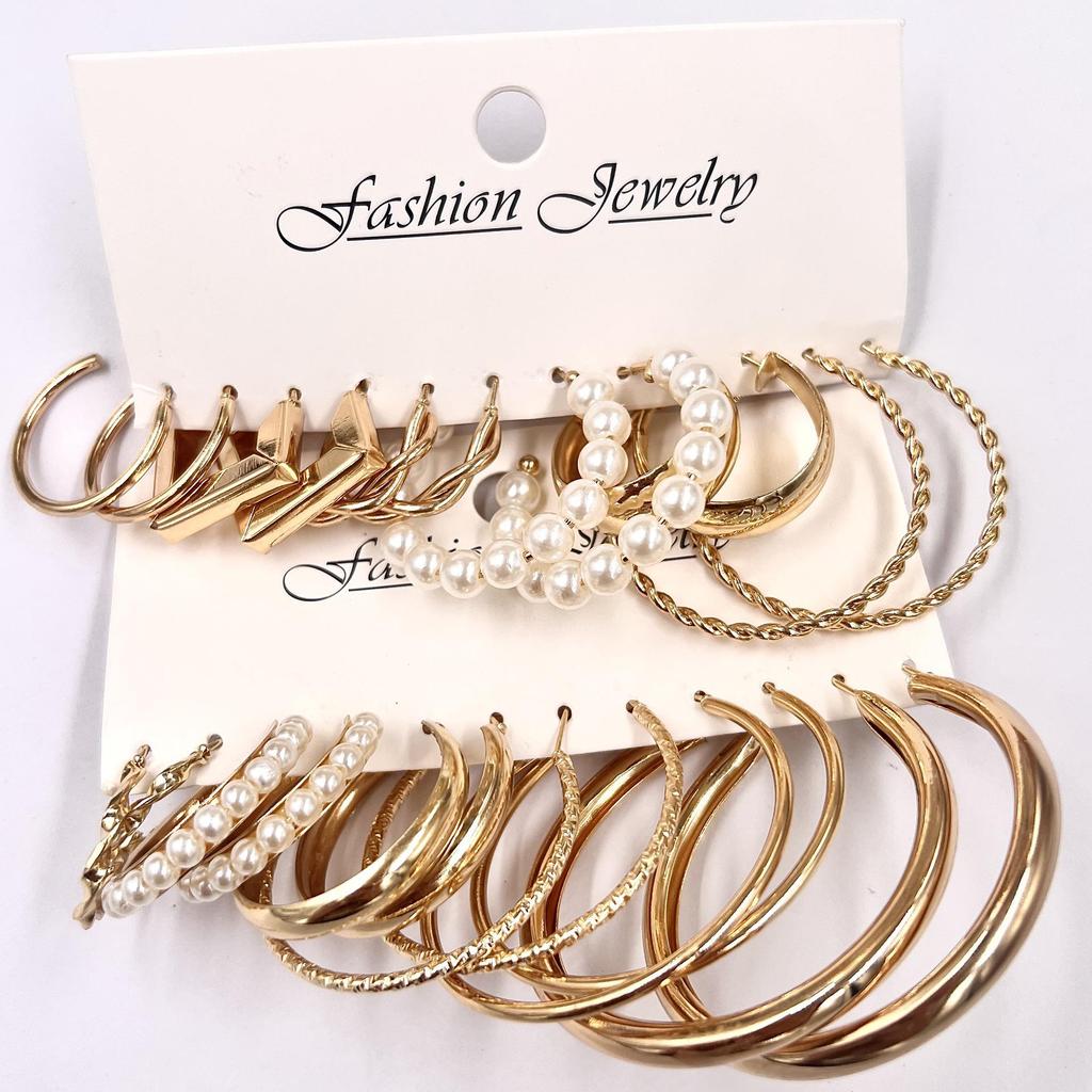 XP17 Gold Geometric Pearl Hoop Earring Set