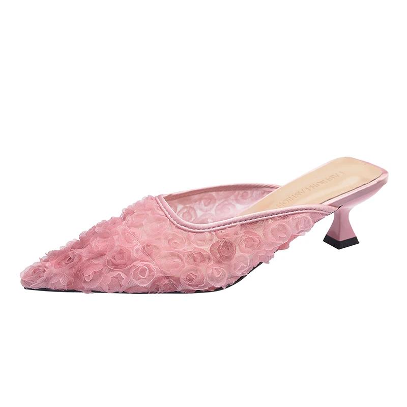 Fashion Flower Women Slippers Fashion Pointed Toe Heeled Sandals Lace Mules Shoes Slingback Elegant Summer Dress 2025 New Mujer Zapatos