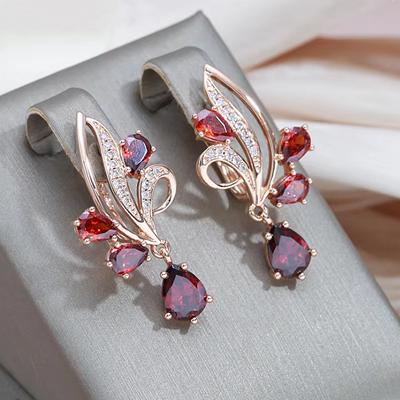 Elegant Flower Red Zircon Drop Earrings For Women Luxury Gold Color Wedding Earring Bridal Engagement Jewelry