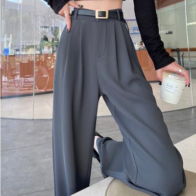 New Fashion Straight Slim Solid Suit Pants Women High Waist Casual Loose Wide Leg Pants Women Elegant Pockets Simple Ladies Trousers with Belt 25894