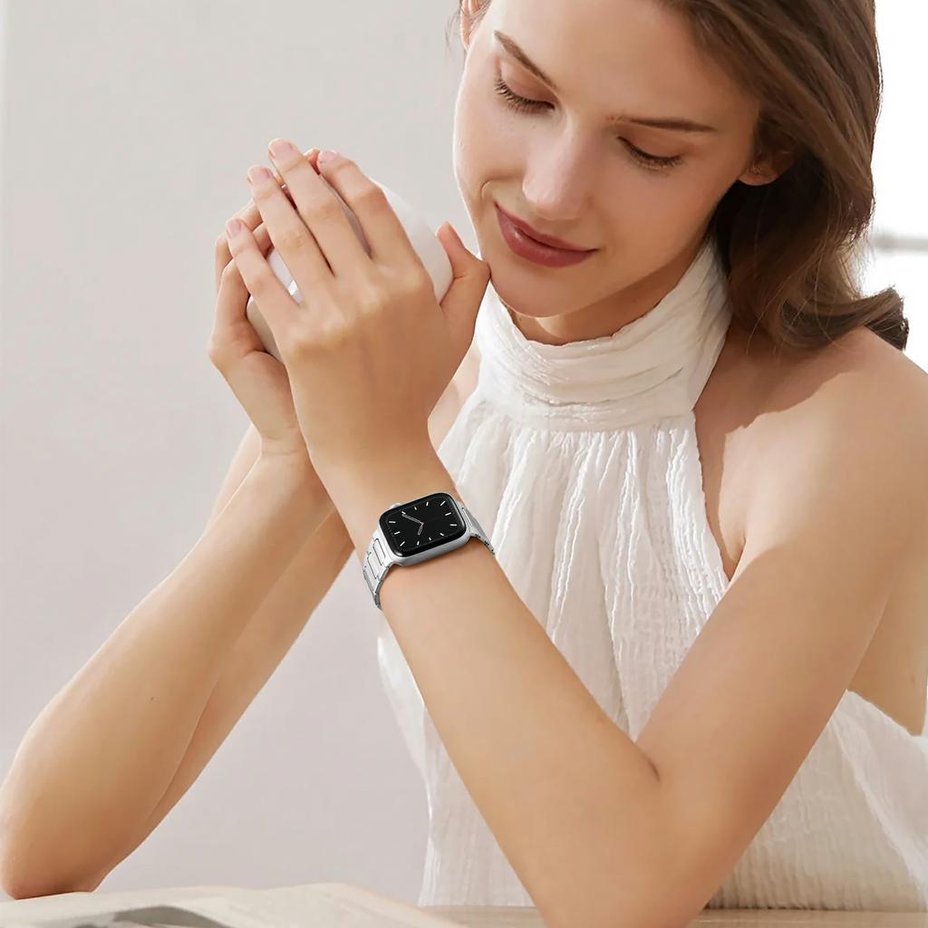 H-Link Silbernes Metallarmband für Apple Watch Serie 10 9 8 7 SE 6 5 4 3 2 1 42mm 41mm 40mm 38mm Faltschließe Uhrenarmband