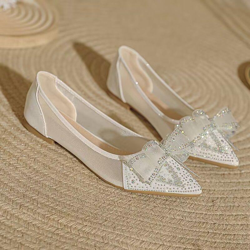 Premium Strass Netz Sandalen Damen Sommer spitze flache Schuhe neue atmungsaktive Beanie Schuhe weiche Sohle sanfte Dame Einzel Schuhe