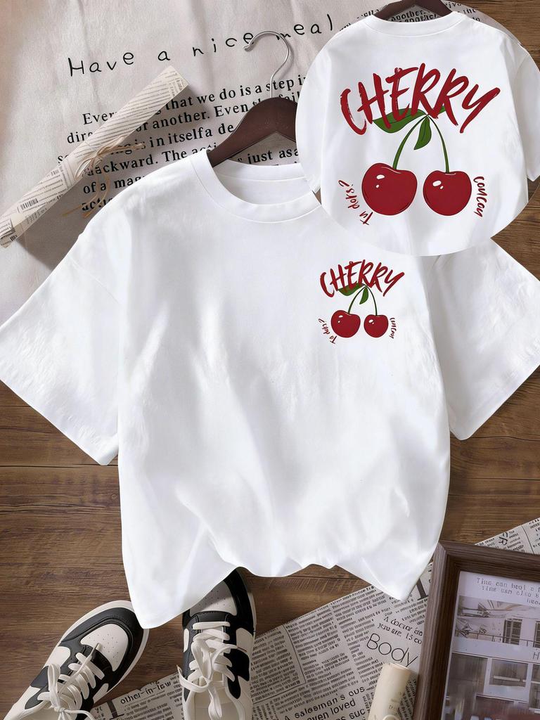 2026 Spring/Summer Cherry Print Women's Loose Round Neck T-Shirt
