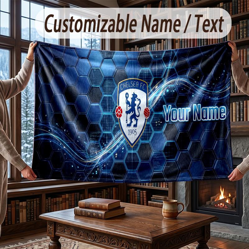 Custom Name Flannel Throw Blanket Chelsea FC Pattern Warm Home Decoration