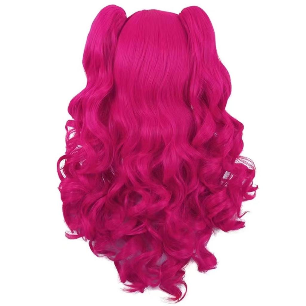 Parrucca Cosplay Stile Anime, Rosso Rosa Lunga Riccia Doppia Coda di Cavallo con Clip per Mascella