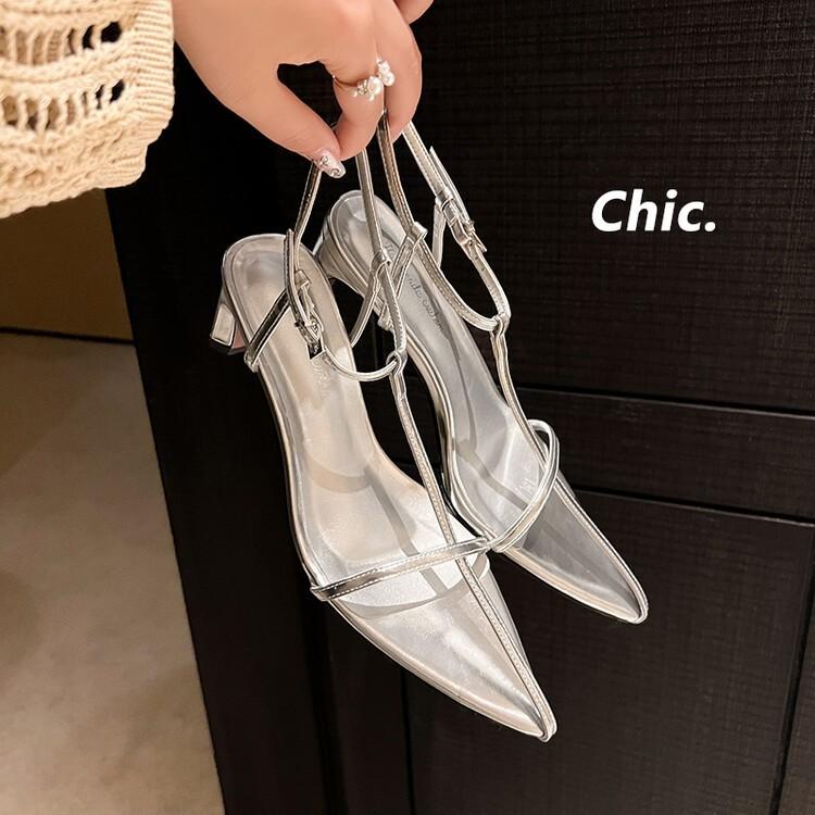 Pointed thick heel thin strap sandals 2025 summer new cowhide pointed T-buckle sexy lady style high heels women